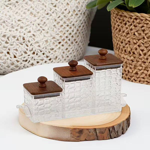 3pcs Square Acrylic Spice Containers With Acacia Wood Lids
