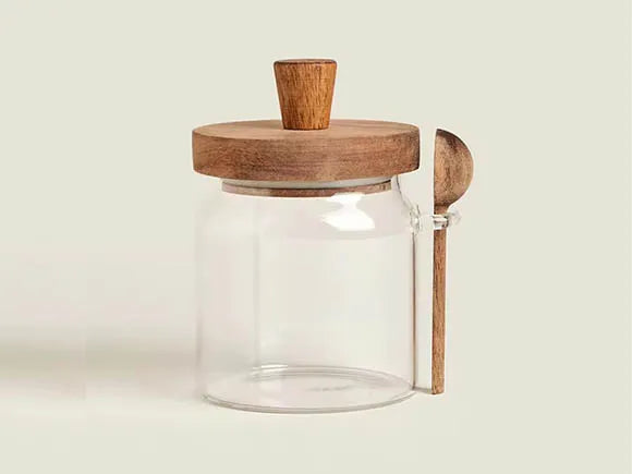 WOODEN GLASS JAR WITH SPOON