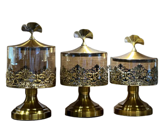 Elegant Gold-Finished Decorative Glass Jar Set – 3-Piece Set
