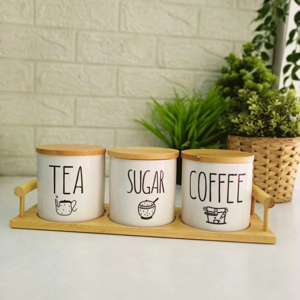 Tea Coffee Sugar Jars Set With Wooden Tray
