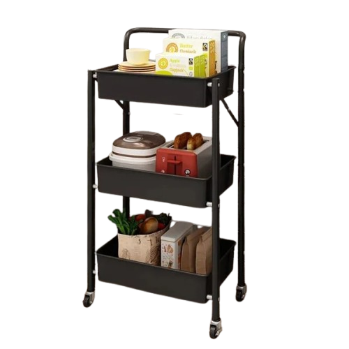 3 Layer Portable Folding Kitchen Bathroom Storage Rack - Folding Utility Rolling Metal Cart (Premium Quality)
