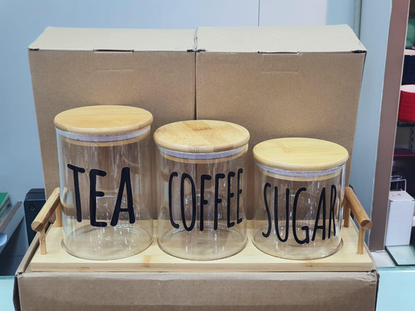 Tea, Coffee & Sugar Airtight Glass Jar Set With Wooden Tray And Lid (Round)