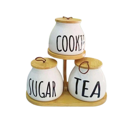 3-Piece Ceramic Jar Set with Bamboo Lids and a Wooden Stand (Premium Quality)