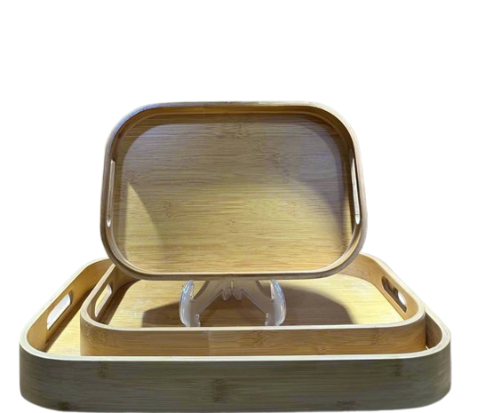 Wooden Bamboo Serving Tray With Handles (Pack of 3)