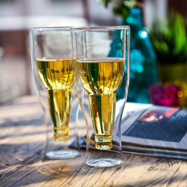 Double-walled beer glasses with an inverted bottle design