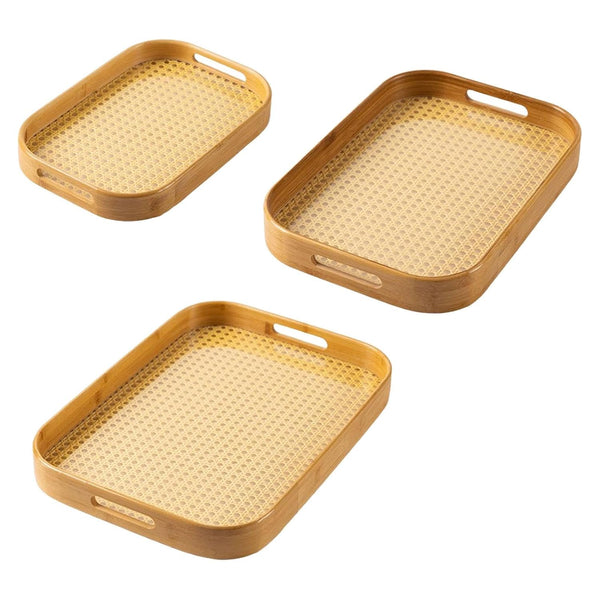 Generic Stylish Bamboo Serving Tray with Easy-to-Carry Handles 3 PCS SET