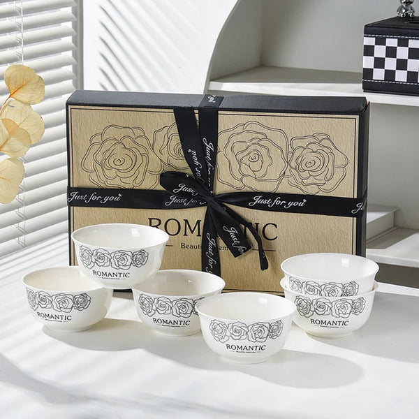Rose Motif 6-Ceramic Bowl Set With Gift Box