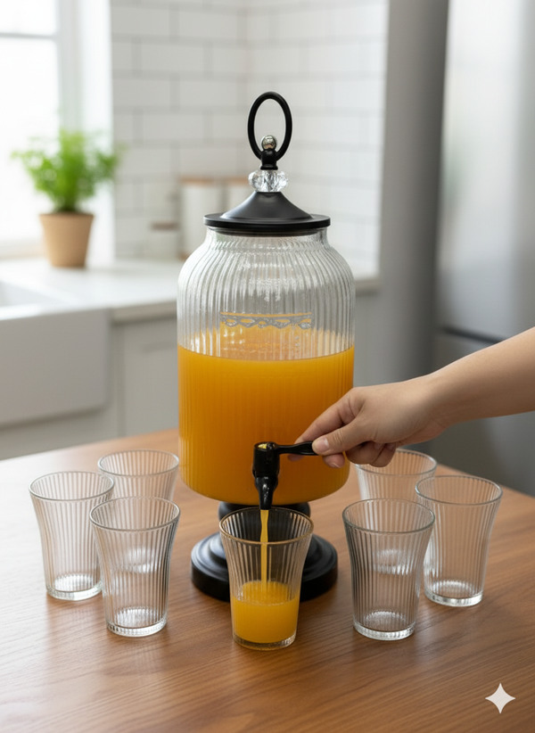 Glass Dispenser with Black Lid and Spigot 1Pc Dispenser 6Pc Glass