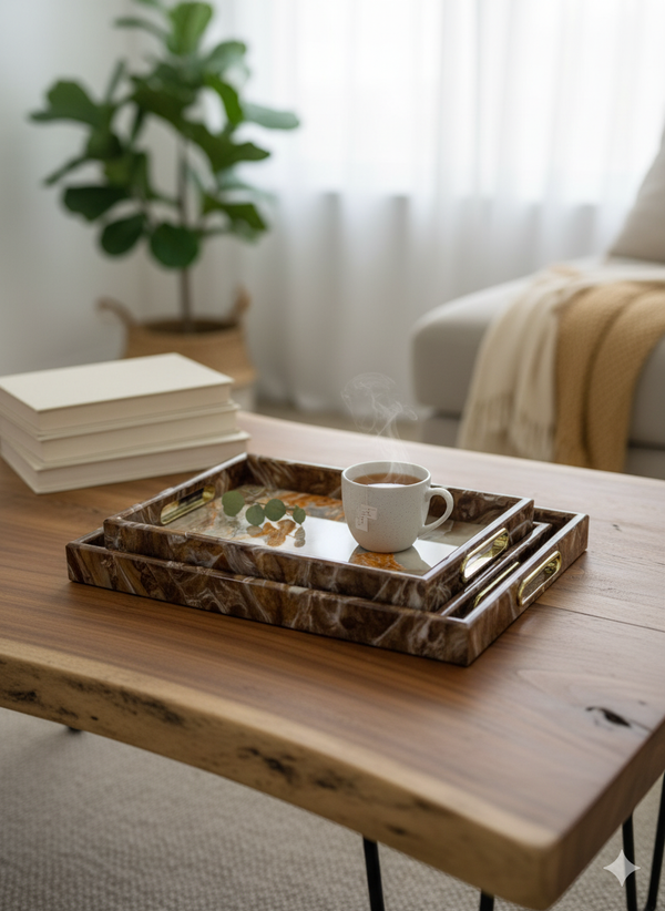 3-Piece Wooden & Marble/Textured Serving Tray Set