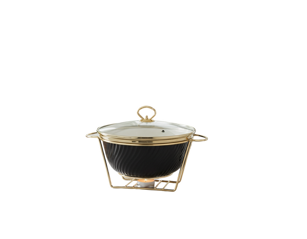 Luxury Ceramic Buffet Server Serving Dish with Warming Stand (ROUND BLACK)