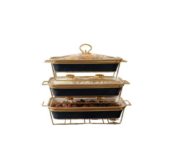 luxury  Decorative Ceramic Buffet Server Three-Tier Chafing Dish Warmer (RECT. BLUE)