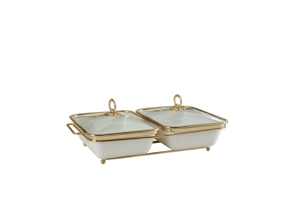 Luxury Ceramic Chafing twin Dish Buffet Server (White Rect)