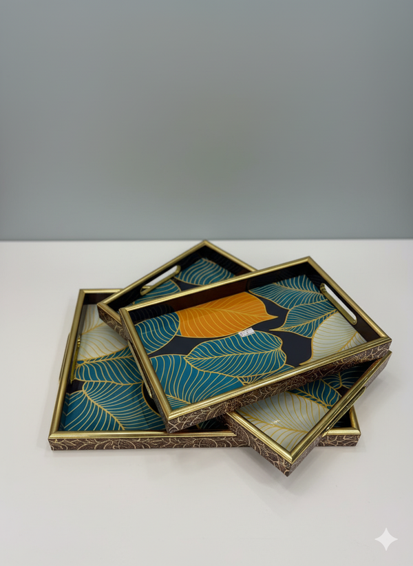 3-Piece Gold Aesthetic Leaf-Look Serving Tray Set