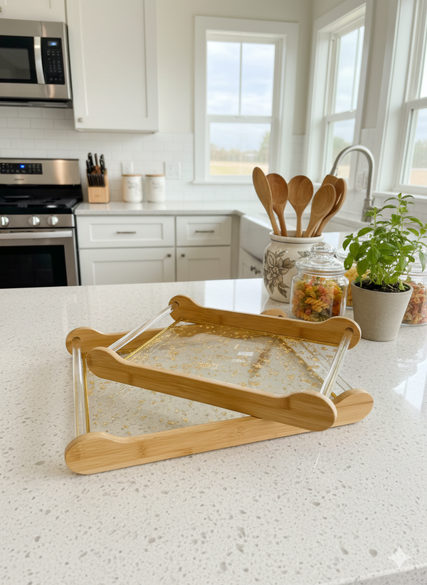 Acrylic Display Tray Bamboo Handle Gold Flake