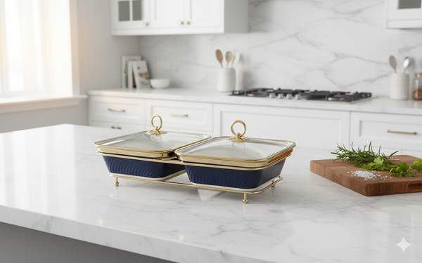 Luxury Serving TWIN Dish Buffet Server. (RECT. BLUE)