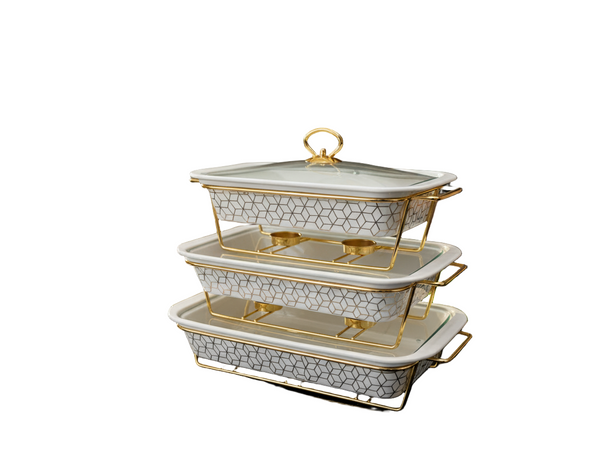3 tier Chafing Ceramic Dish Set Buffet Server (White Gold)