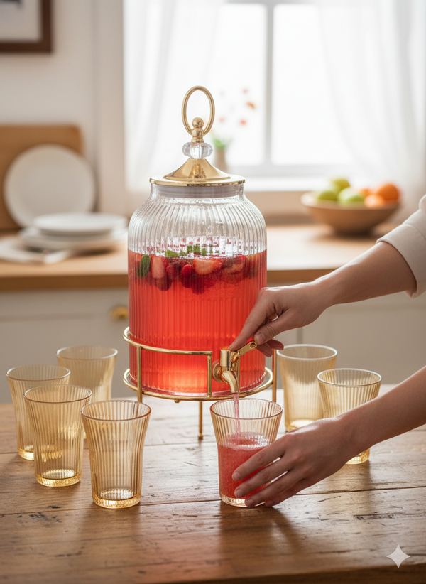 Flute & Gold Dispenser Glass Ware 7 Pcs Set 1Pc Dispenser 6Pc Glass