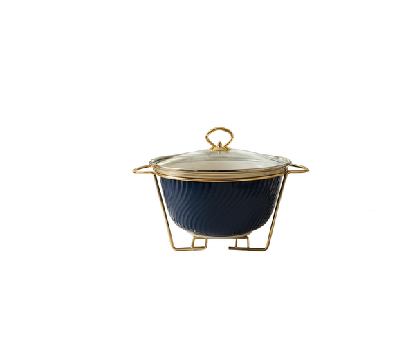 Luxury Ceramic Chafing Bowl with Stand Buffet Server (ROUND BLUE)