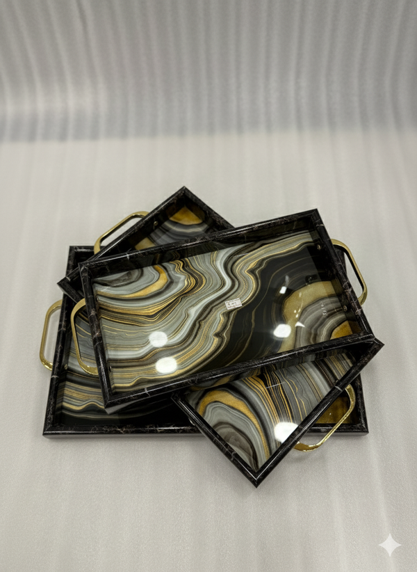 3-Piece Black Aesthetic & Gold Marble-Look Serving Tray Set