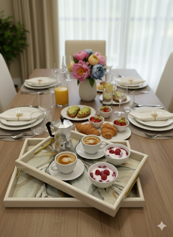 3-Piece White & Gold Marble-Look Serving Tray Set
