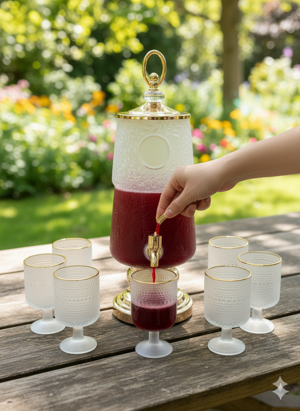 juice Dispenser with Spigot and Stemmed Glasses 1Dispenser 6Glass