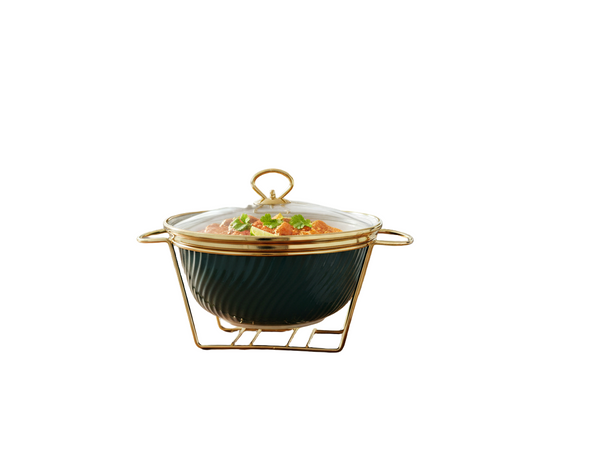 Luxury Ceramic Serving Dish with Gold Stand (ROUND GREEN)