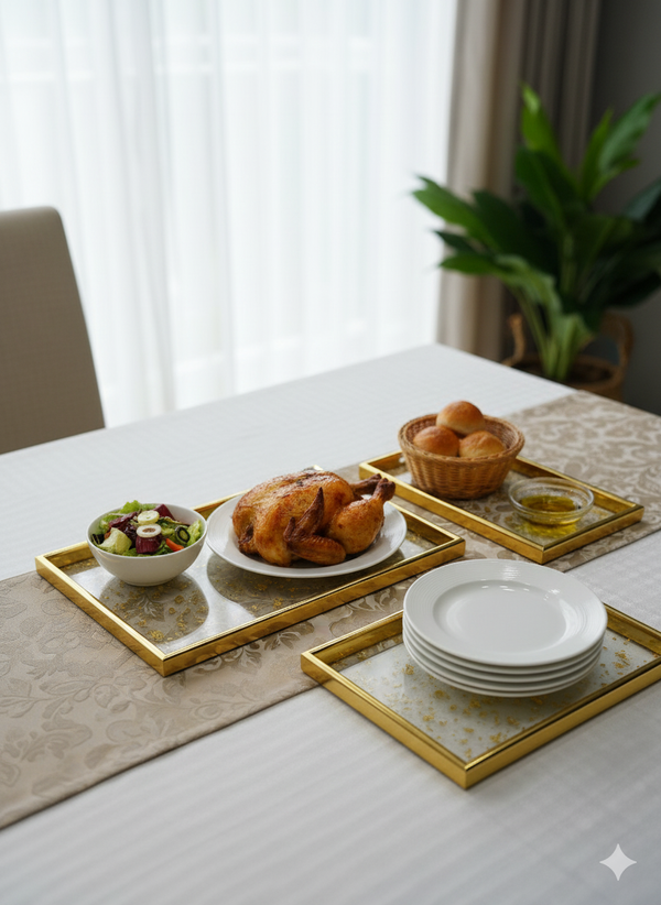3-Piece Gold Transparent Flowers -Design Serving Tray Set