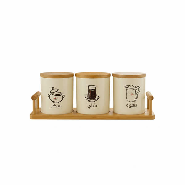 3Pcs CERAMIC JAR SET With Bamboo Tray