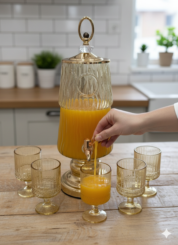 Luxury Amber Textured Glass Beverage Dispenser  1Pc Dispenser 6Pc Glass