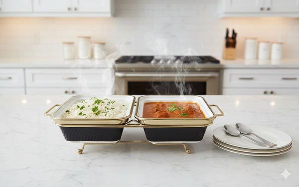 Luxury Twin Buffet Warmer Serving Dish (BLACK RECT)