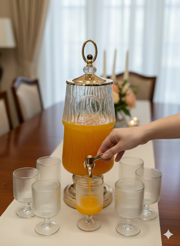Crystal-Top Beverage Dispenser 1Pc Dispenser 6Pc Glass