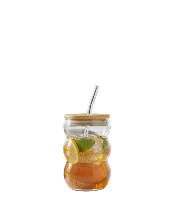 ICE TEA Wavy Glass Bamboo Lid With Straw