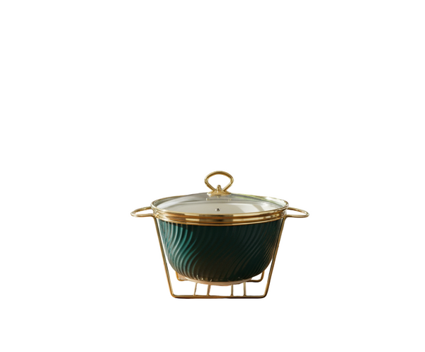 Luxury Ceramic Serving DEEP Dish with Gold Stand (ROUND GREEN)