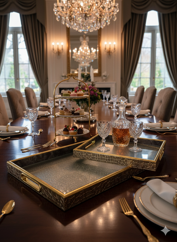Luxury 2-Piece Glass Luxury Gold And Brown/Black Ornate Serving Tray Set
