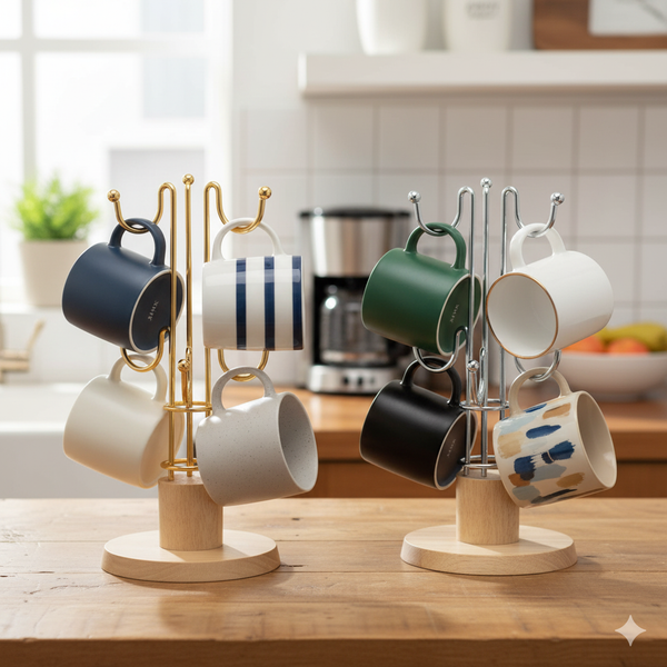 Premium Quality Wooden Base Stainless Steel Cup Stand