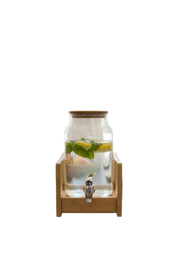 Glass Beverage Dispenser on Bamboo Stand