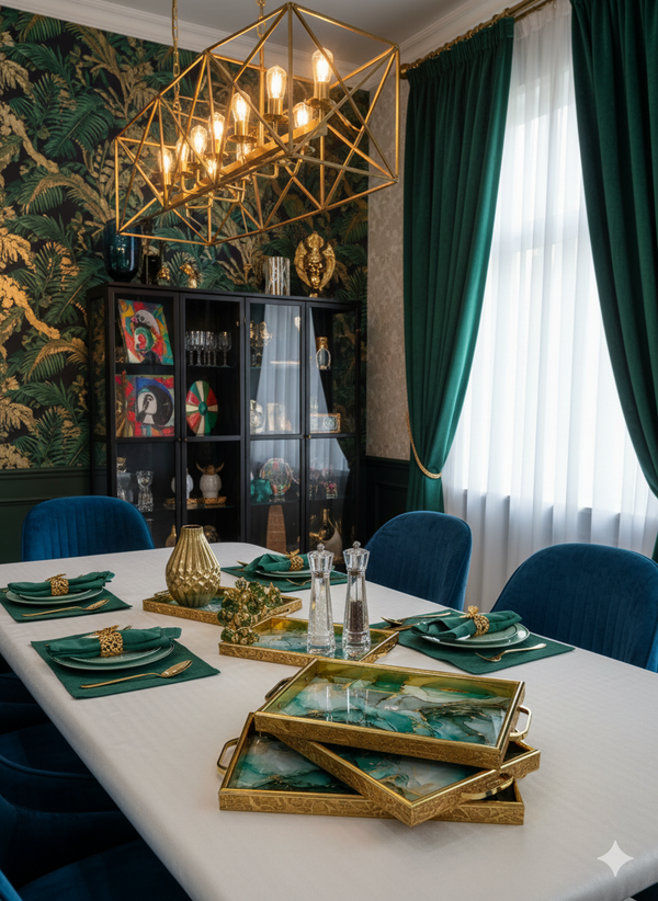 Luxury 3-Piece Green and Gold Abstract/Marble Serving Tray Set