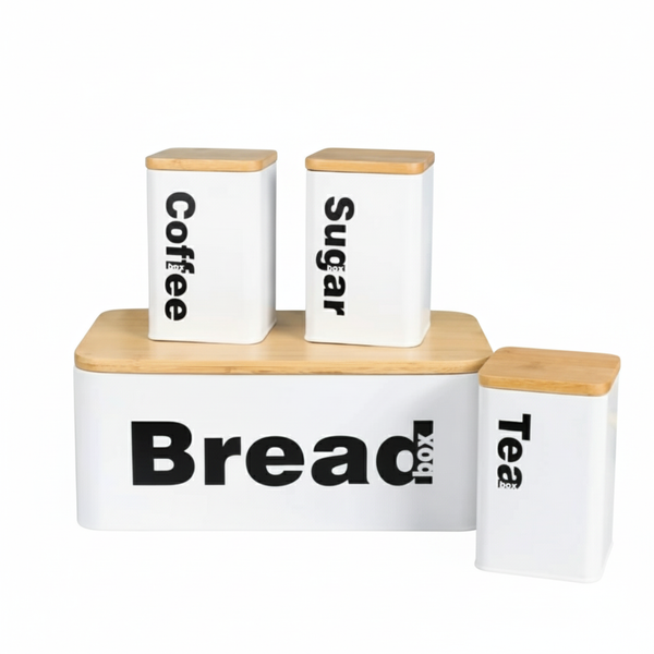 Metal Bread Box With Coffee ,Tea ,Sugar Canister Set With Bamboo Airtight Lid