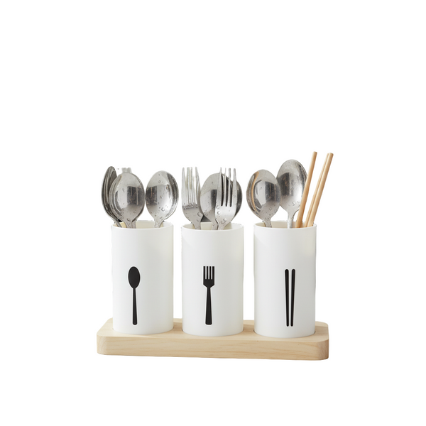3-Compartment Utensil Holder with Wooden Base