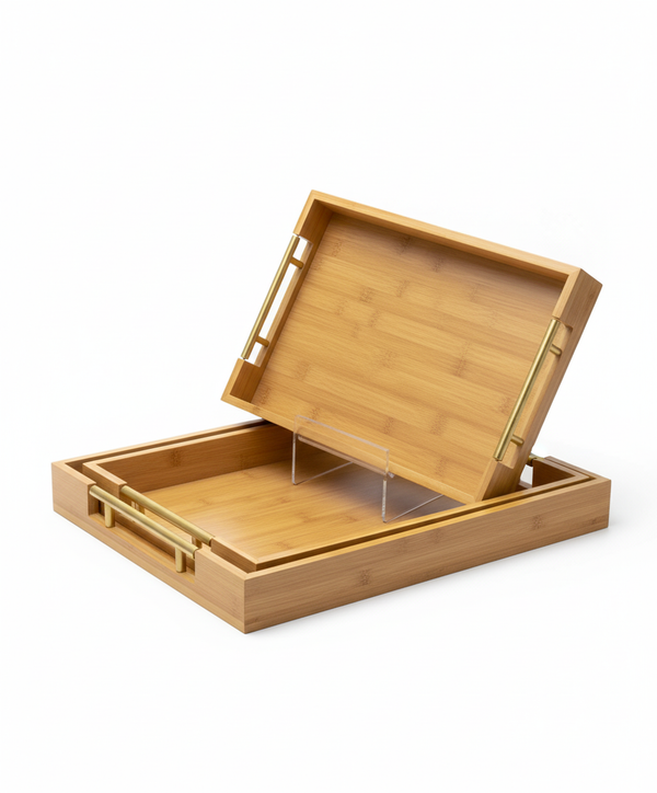 BAMBOO GOLDEN HANDLE 3 PCS TRAY SET