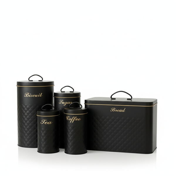 Luxury 5-piece Bread, Tea, Coffee, Sugar & Biscuits Canister Set (Black)