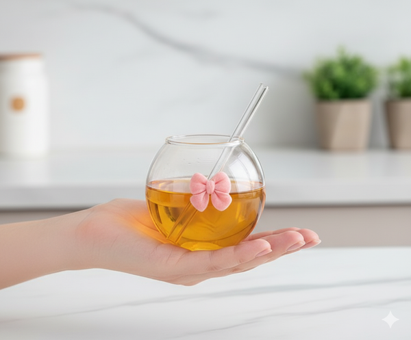 GLASSLUX Cute  BOW MUG WITH STRAW MUG ALONG BAMBOO BASE STAND