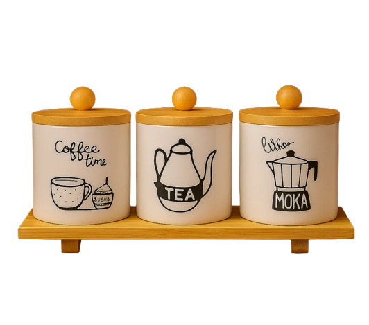 3Pcs CERAMIC JAR SET With Bamboo Tray