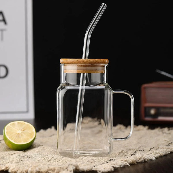 Square Aesthetic Glass Mug with Bamboo Lid and Straw