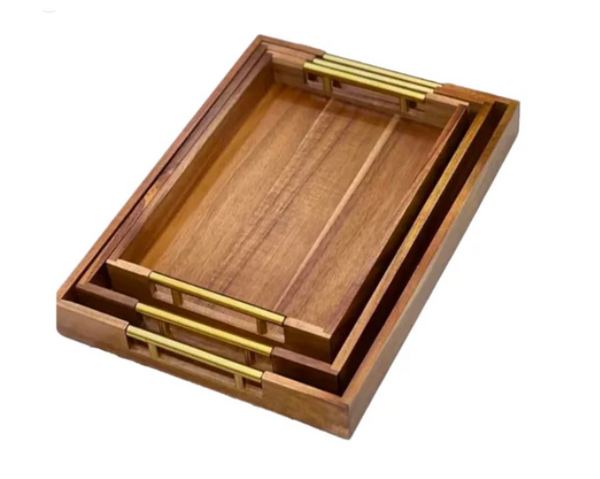 Dark Brown Wooden Bamboo Serving Tray With Golden Handles (Pack of 3)