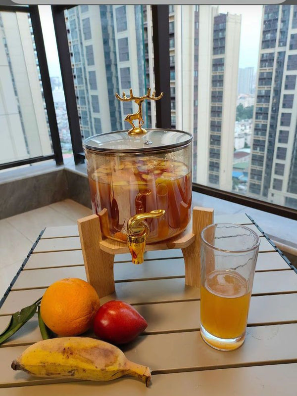 Golden Dear Glass Beverage Dispenser With Wooden Stand (Premium Quality)
