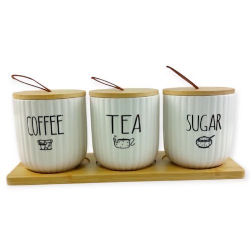 3-Piece Airtight Porcelain Canister Set With Wooden Lids And Tray