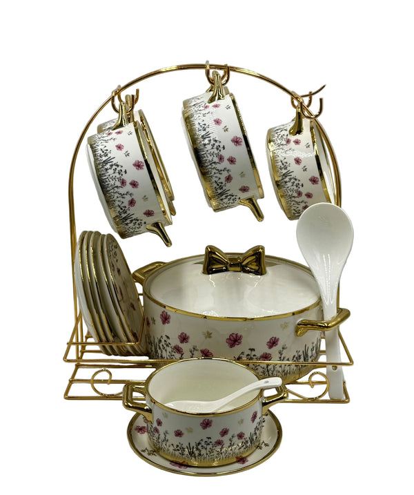 Luxury Ceramic Soup Set with Dish Holder Stand 22 Piece