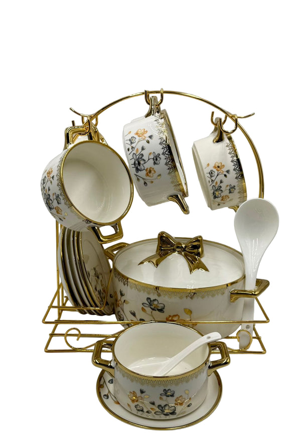 Luxury Ceramic Soup Set with Dish Holder Stand 22 Piece