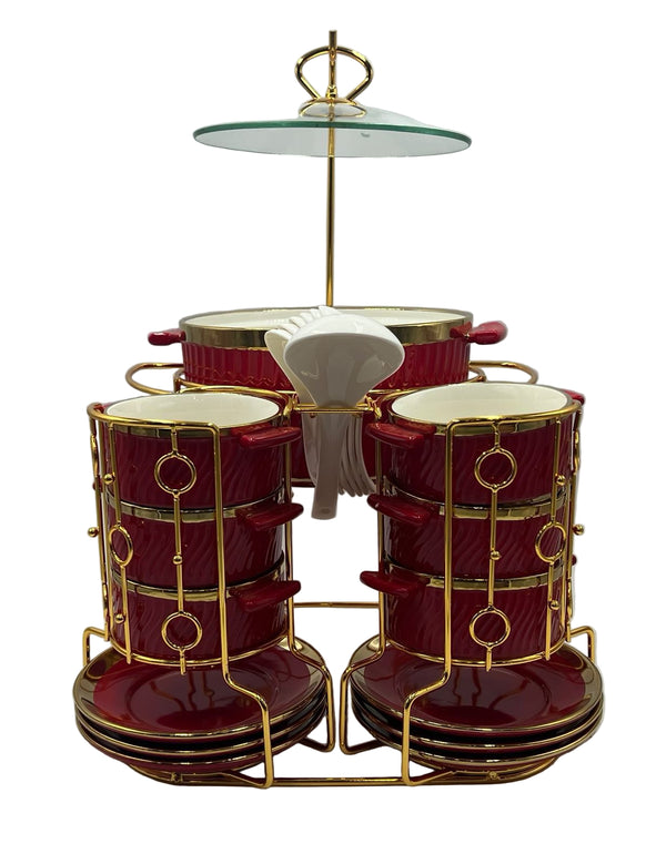 Ceramic Soup Set With Stand 22 Piece (RED)